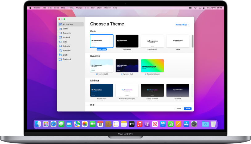 A MacBook Pro with the Keynote theme chooser open on the screen. The All Themes category is selected on the left and pre-designed themes appear on the right in rows by category.