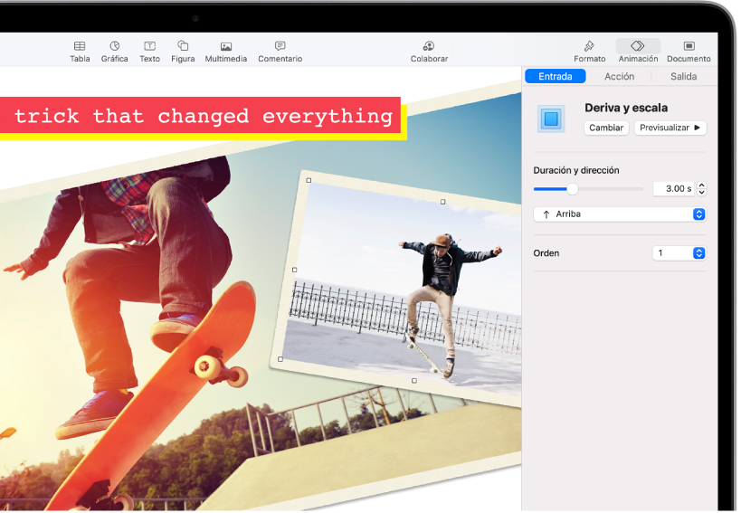 Los controles Animación para agregar animaciones a la imagen seleccionada. Los botones Salida, Entrada y Acción se muestran en la parte superior de la barra lateral.