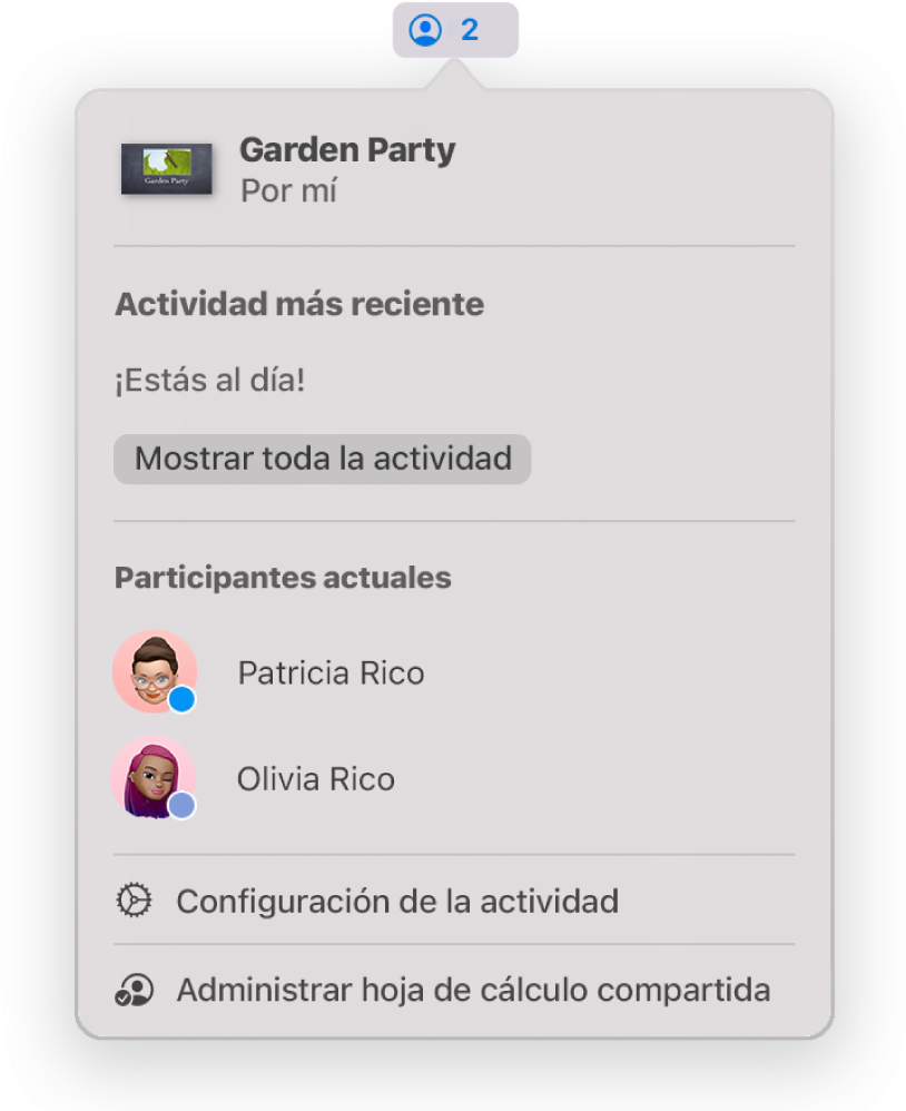 El menú Colaboración mostrando los nombres de las personas que colaboran en la presentación. Las opciones para compartir se sitúan debajo de los nombres.