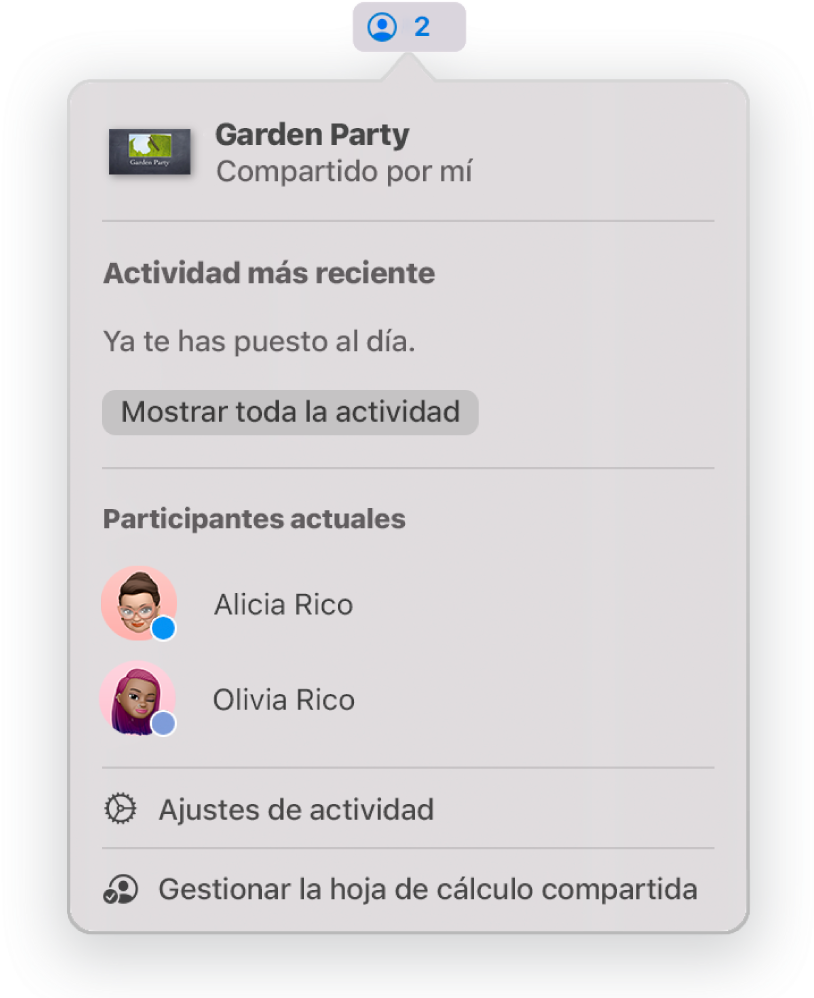 El menú Colaboración con los nombres de las personas que colaboran en la presentación. Las opciones para compartir se encuentran debajo de los nombres.