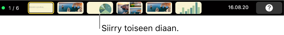 MacBook Pron Touch Bar, jossa on esityssäätimet esityksestä poistumiseen, siirtymiseen toiselle dialle ja esittäjän näytön vaihtamiselle.