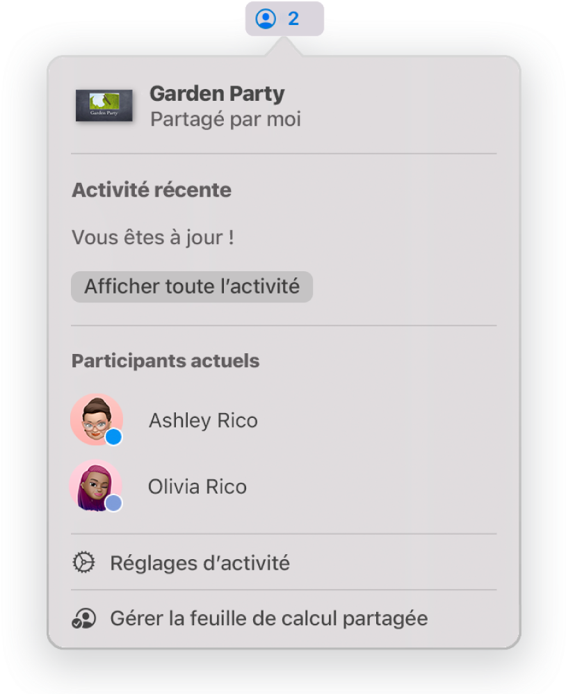 Le menu Collaboration affichant le nom des personnes qui collaborent sur la présentation. Les options de partage se trouvent sous les noms.