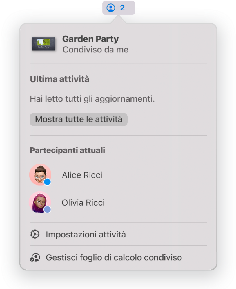 Menu Collaborazione che mostra i nomi delle persone che stanno collaborando alla presentazione. Le opzioni di condivisione si trovano sotto i nomi.