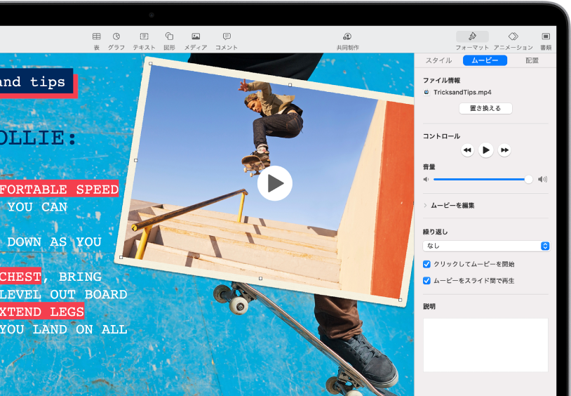 選択したビデオのサイズや外観を変更する「フォーマット」コントロールが画面右側にあります。「フォーマット」コントロール上部に「スタイル」、「ムービー」、「配置」のボタンがあります。