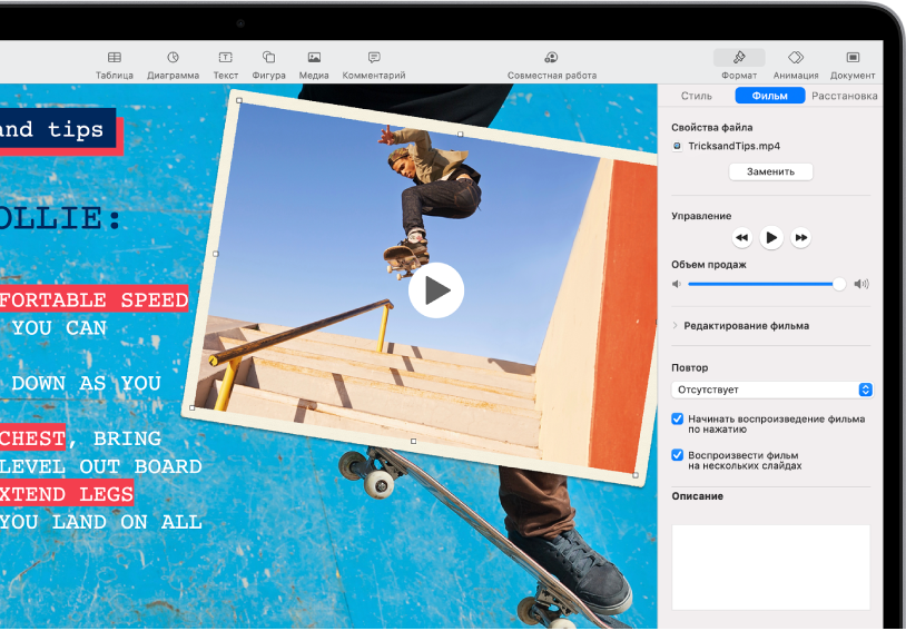 Элементы управления «Формат» в&nbsp;правой части экрана для&nbsp;изменения размера и&nbsp;оформления выбранного видео. Вверху панели элементов управления «Формат» расположены кнопки «Стиль», «Фильм» и&nbsp;«Расстановка».