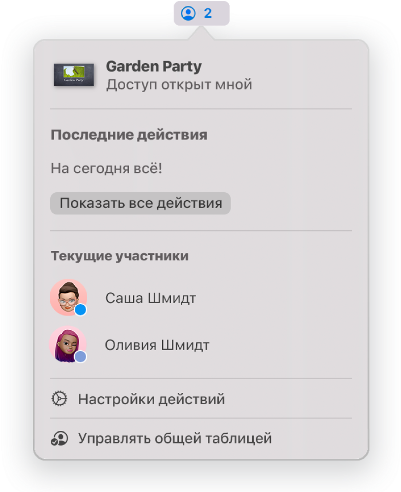 Меню «Совместная работа», в&nbsp;котором показаны имена людей, совместно работающих над презентацией. Под именами находятся параметры общего доступа.