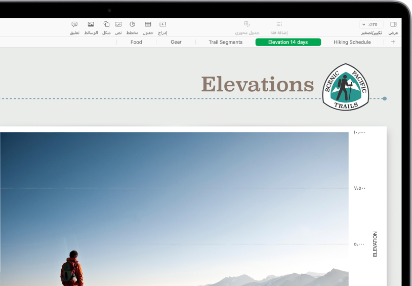 جدول بيانات يتعقب معلومات المشي الطويل، ويعرض أسماء الأوراق بالقرب من أعلى الشاشة. زر إضافة ورقة موجود على اليمين، تتبعه علامات تبويب الورقة وهي جدول المشي الطويل والارتفاع ومقاطع المسار والمعدات والطعام. ورقة الارتفاع محددة.