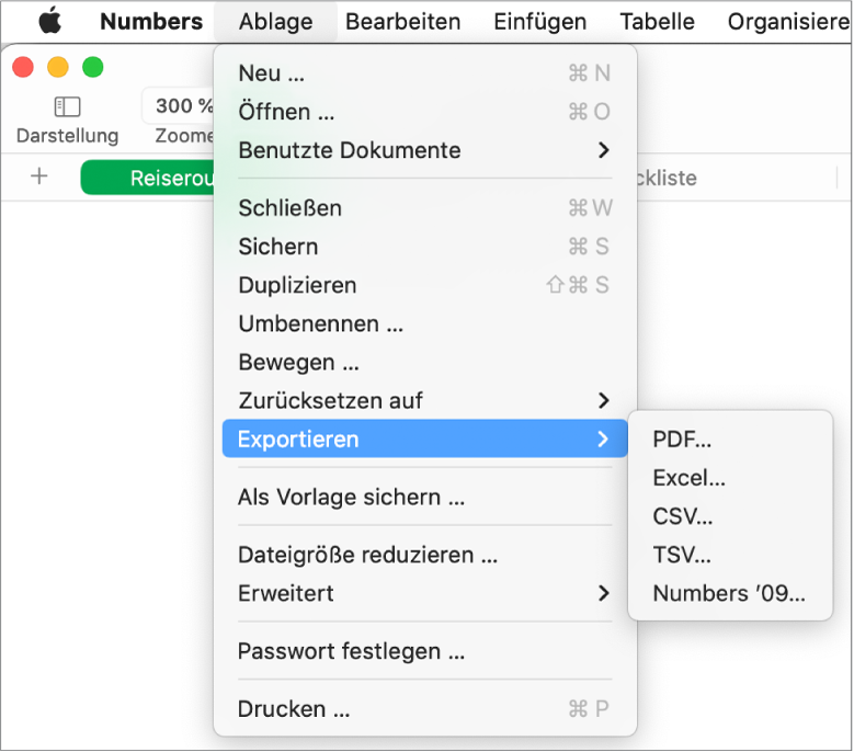Exportieren in andere Dateiformate in Numbers auf dem Mac Apple