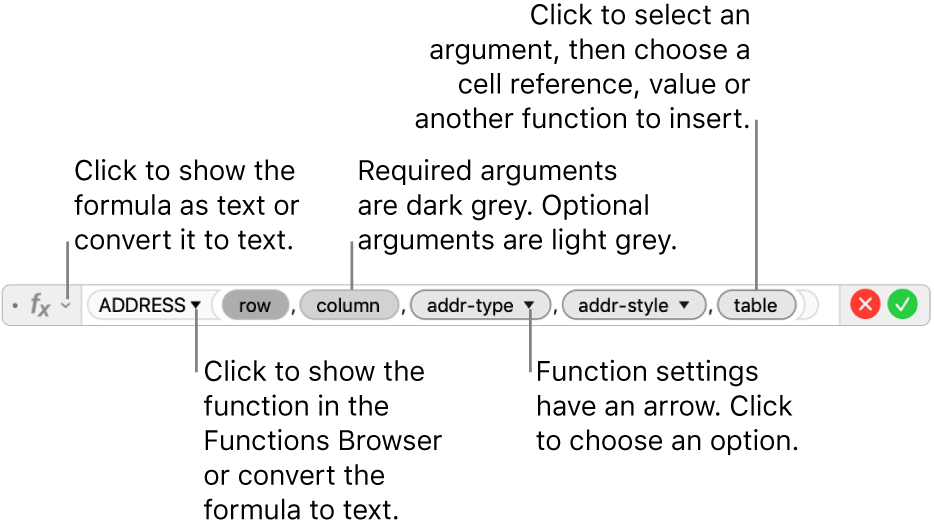The formula editor showing the ADDRESS function and its arguments tokens.