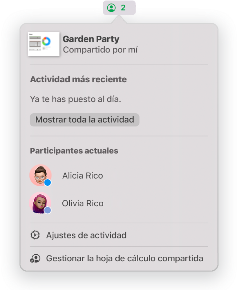 El menú Colaboración con los nombres de las personas que colaboran en la hoja de cálculo. Las opciones para compartir se encuentran debajo de los nombres.