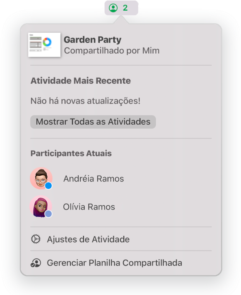 Menu Colaboração mostrando os nomes das pessoas que estão colaborando na planilha. As opções de compartilhamento se encontram abaixo dos nomes.