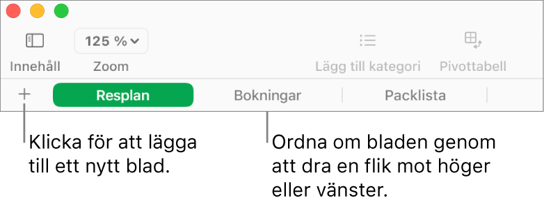 Flikfältet för att lägga till ett nytt blad och ordna om blad.