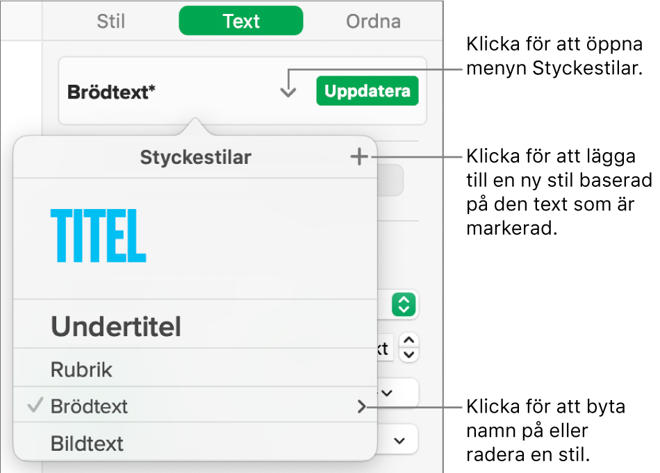 Menyn Styckestilar med reglage för att lägga till eller ändra en stil.