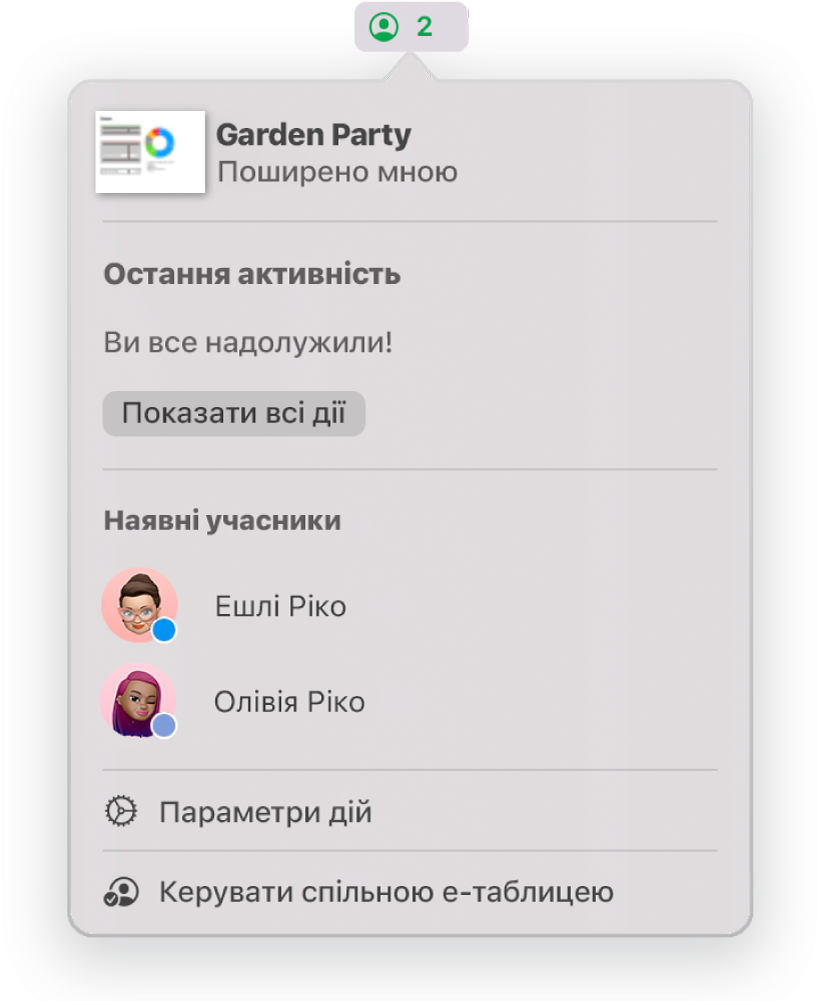 Меню «Співпраця» з іменами людей, які спільно працюють над електронною таблицею. Опції спільного доступу відображаються під іменами.