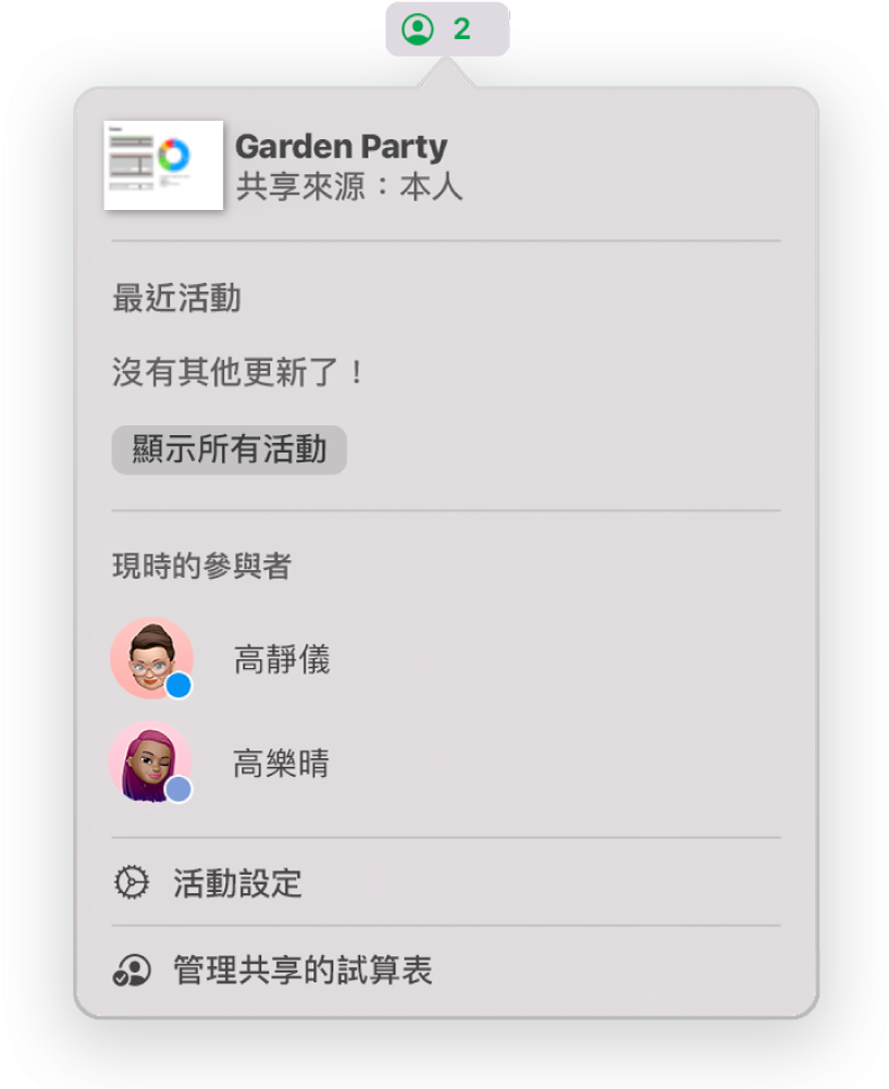 「共同編輯」選單，顯示共同編輯試算表的人員名稱。分享選項顯示在名稱下方。