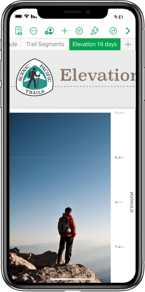 جدول بيانات يتعقب معلومات المشي الطويل، ويعرض أسماء الأوراق بالقرب من أعلى الشاشة. زر إضافة ورقة موجود على اليمين، تتبعه علامتا تبويب الورقة وهما الارتفاع ومقاطع المسار.
