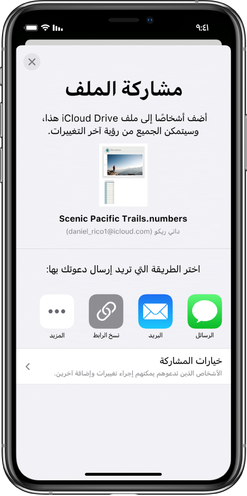 شاشة إضافة أشخاص تعرض صورة لجدول البيانات المراد مشاركته. أسفله توجد أزرار لطرق إرسال الدعوة، بما فيها الرسائل والبريد ونسخ الرابط والمزيد. في الأسفل يوجد زر خيارات المشاركة.