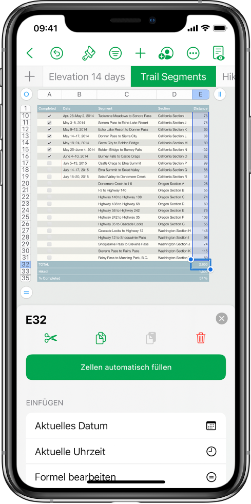 Eine Tabellenkalkulation zeigt eine Tabelle mit Wanderrouten und die Länge der jeweiligen Routen. Das Menü „Zellenaktionen“ ist geöffnet und zeigt Optionen zum Hinzufügen des heutigen Datums und Bearbeiten der Formel in der aktivierten Zelle.