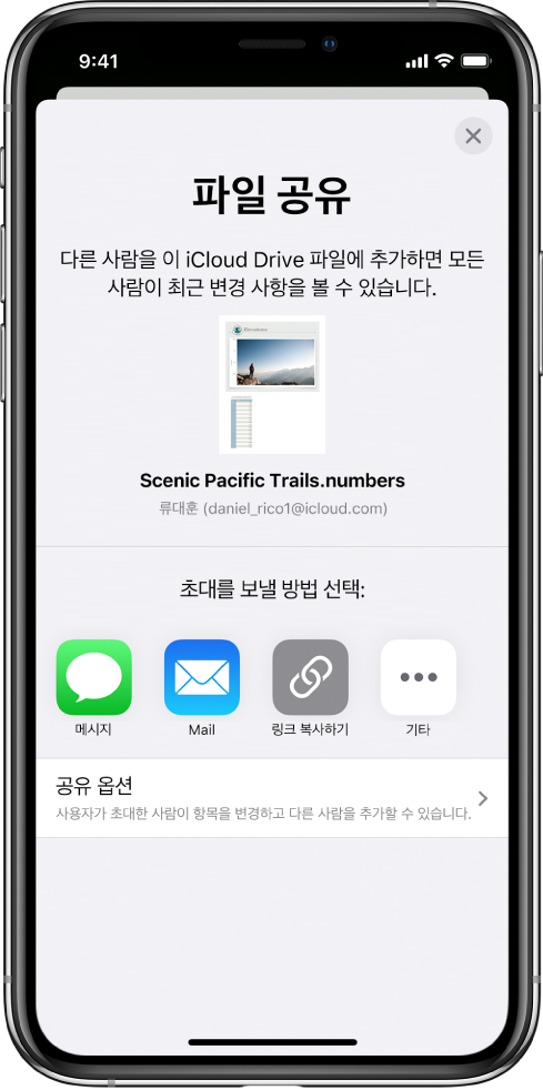 공유할 스프레드시트의 그림이 표시된 구성원 추가 화면. 그 아래에는 메시지 및 Mail, 링크 복사 및 기타를 포함하여 초대를 보내는 방식에 대한 버튼이 있습니다. 하단에 공유 옵션 버튼이 있습니다.