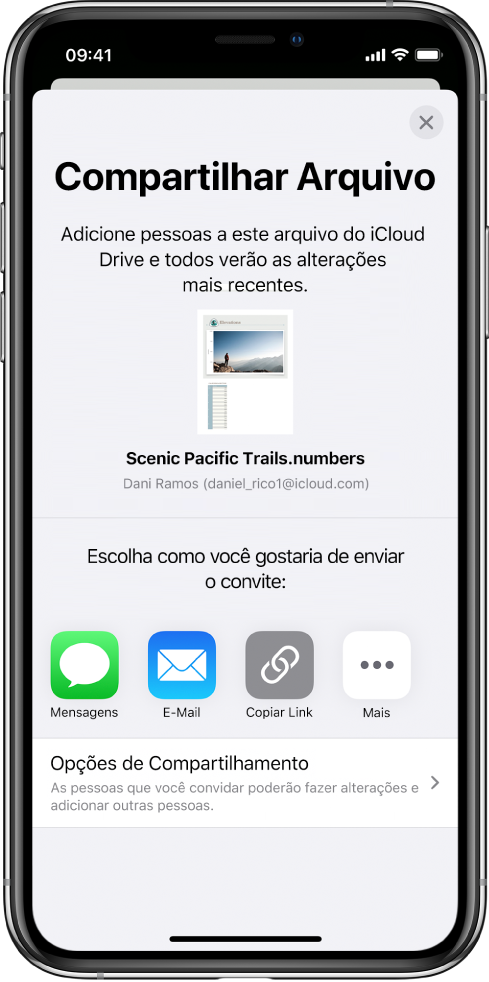 Tela Adicionar Pessoas mostrando uma imagem da planilha que será compartilhada. Abaixo disso, botões das formas de envio do convite, incluindo Mensagens e Mail, Copiar Link e Mais. Na parte inferior, o botão Opções de Compartilhamento.
