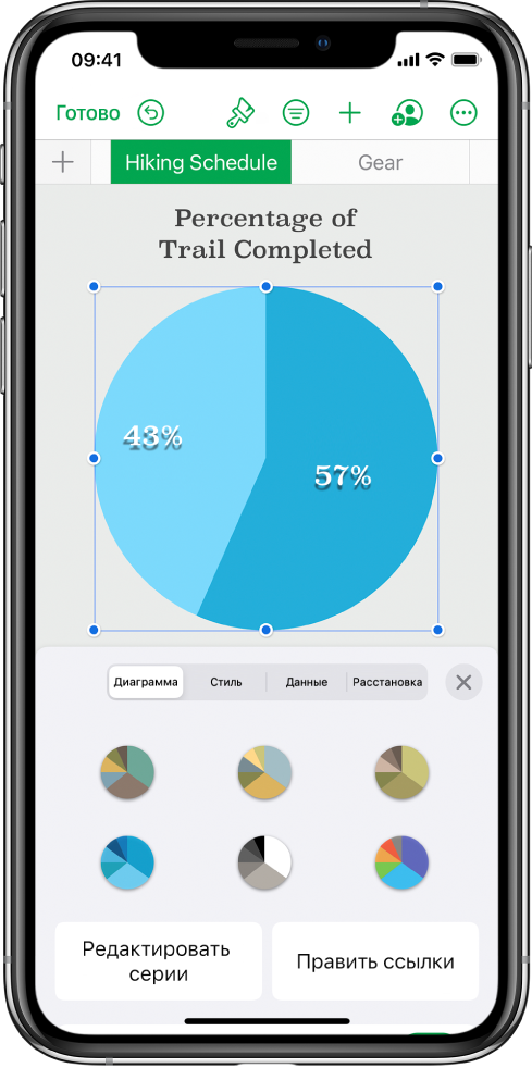 Круговая диаграмма, на которой показано процентное соотношение пройденных маршрутов. Открыто меню «Формат». В нем показаны различные стили диаграмм, из которых можно выбирать. Также отображаются параметры, позволяющие изменить ссылки на серию данных или на диаграмму и показать или скрыть заголовок диаграммы.