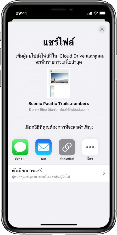 หน้าจอเพิ่มผู้คนที่แสดงรูปภาพของสเปรดชีตที่จะแชร์ ด้างล่างเป็นปุ่มสำหรับวิธีต่างๆ ในการส่งคำเชิญ เช่น ข้อความและเมล คัดลอกลิงก์ และอื่นๆ ด้านล่างสุดเป็นปุ่มตัวเลือกการแชร์