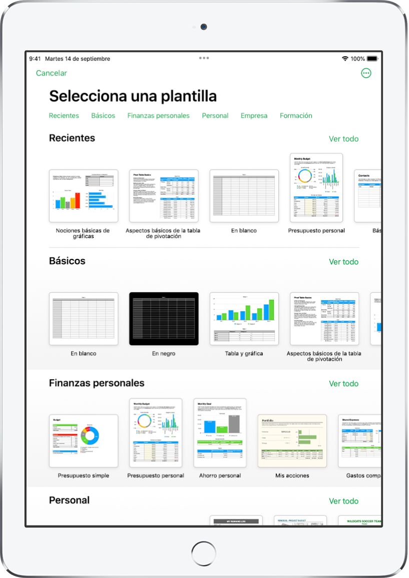 El selector de plantilla, mostrando una fila de categorías a lo largo de la parte superior en la que puedes tocar para filtrar las opciones. Debajo aparecen miniaturas de plantillas prediseñadas organizadas en filas por categorías, empezando por Recientes en la parte superior y seguida por Básicas y “Finanzas personales”. Por encima y a la derecha de cada fila de categoría aparece un botón “Ver todo”. El botón “Idioma y región” se encuentra en la esquina superior derecha.