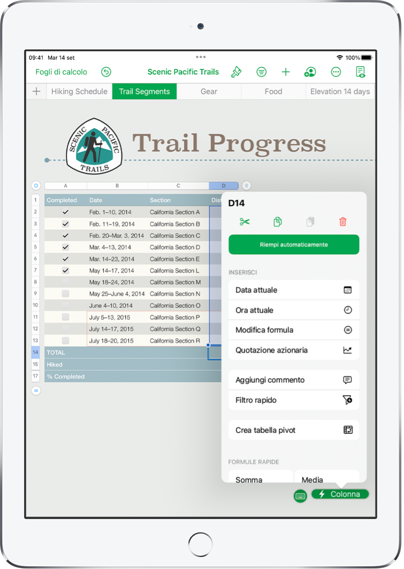 Un foglio di calcolo che mostra una tabella dei sentieri percorsi e la distanza di ciascuno. Il menu “Azioni cella” è aperto e mostra opzioni per aggiungere formule, date, commenti e filtri.