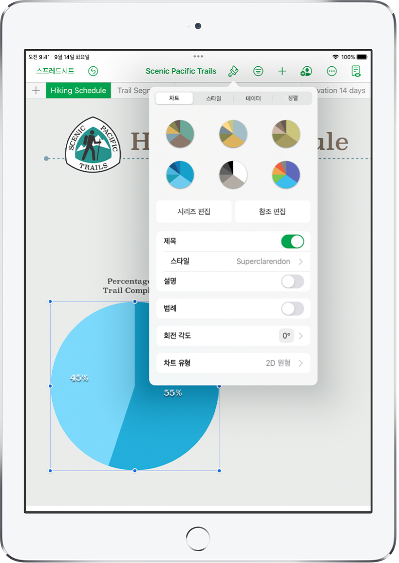 걷기를 완료한 길의 백분율을 표시하는 원형 차트. 시리즈나 차트 참조를 편집하고 차트 제목이나 범례를 켜거나 끄고, 차트의 회전각을 조절하고, 차트 유형을 변경할 수 있는 옵션뿐만 아니라, 다양한 차트 스타일을 선택할 수 있는 포맷 메뉴도 열려 있습니다.