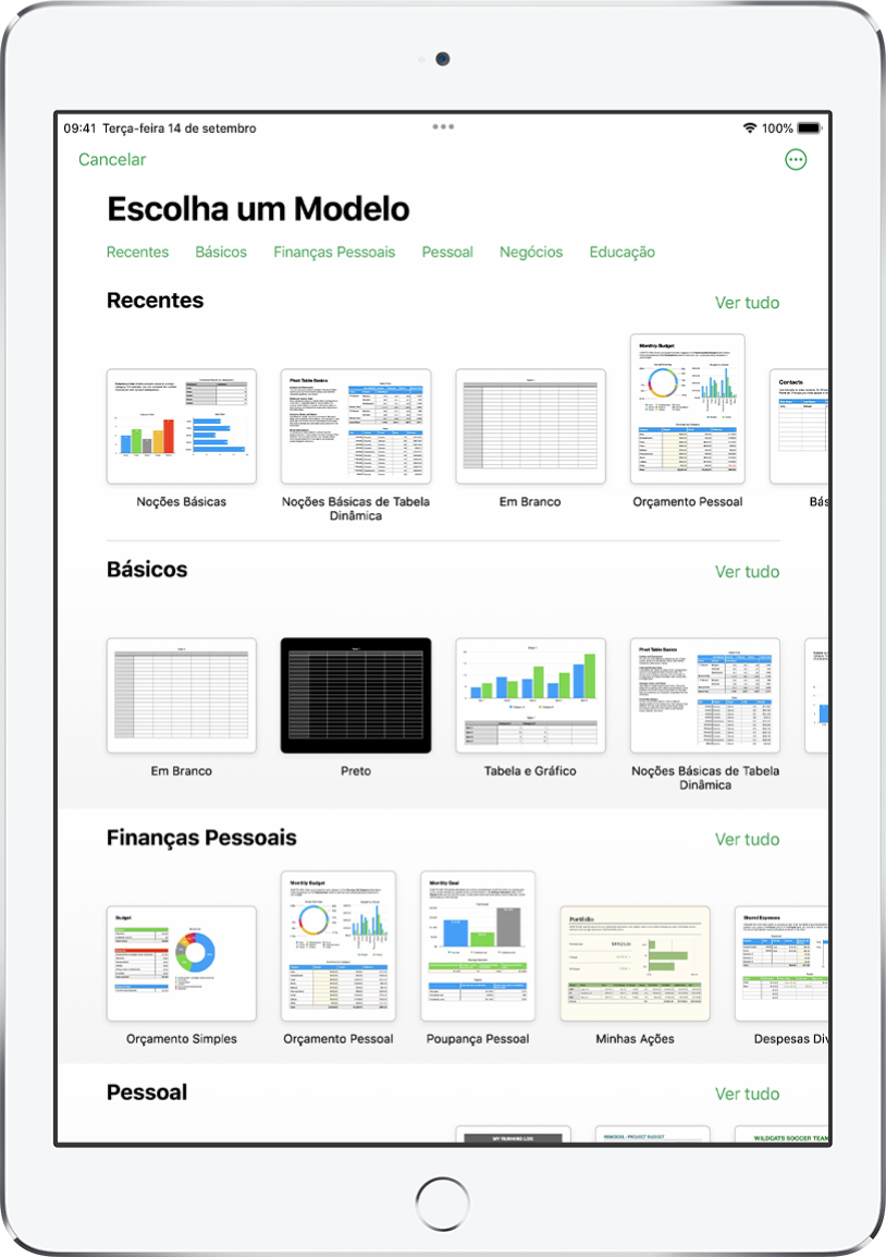 Seletor de modelos, mostrando uma linha de categorias na parte superior na qual você pode tocar para filtrar as opções. Abaixo estão miniaturas de modelos predefinidos organizadas em linhas por categoria, começando com Recentes na parte superior e seguidas por Básico e Finanças Pessoais. O botão Ver Tudo aparece acima e à direita de cada linha de categoria. O botão Idioma e Região está no canto superior direito.