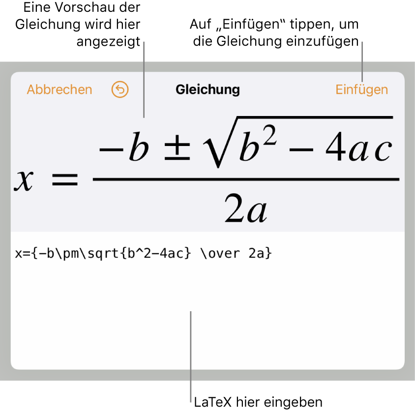 Die quadratische Formel, die mit LaTeX in das Feld „Gleichung“ geschrieben wurde, und einer Vorschau der Formel darunter.