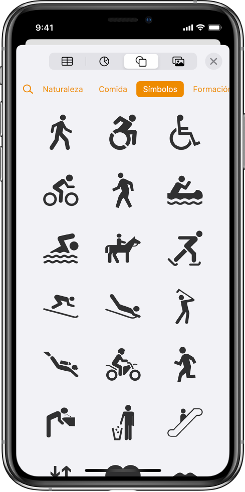 Menú Insertar con botones a lo largo de la parte superior para añadir tablas, gráficas, figuras y contenidos. Figuras aparece seleccionado y su menú muestra una fila de categorías con un botón Buscar a la izquierda. La categoría Actividades está seleccionada y debajo aparecen figuras de animales.