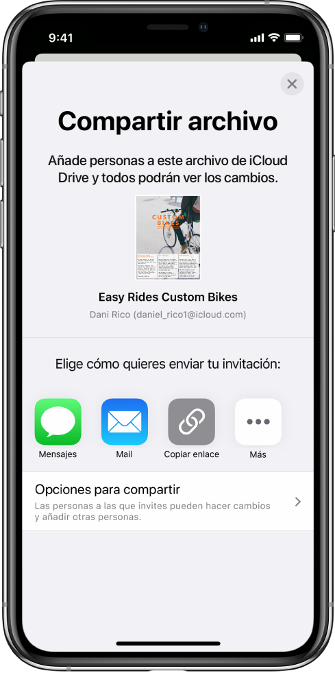 La pantalla “Añadir personas” mostrando una imagen del documento que se va a compartir. Debajo aparecen botones de las maneras de enviar la invitación, incluidos Mensajes y Mail, un botón “Copiar enlace” y otros. En la parte inferior está el botón “Opciones para compartir”.