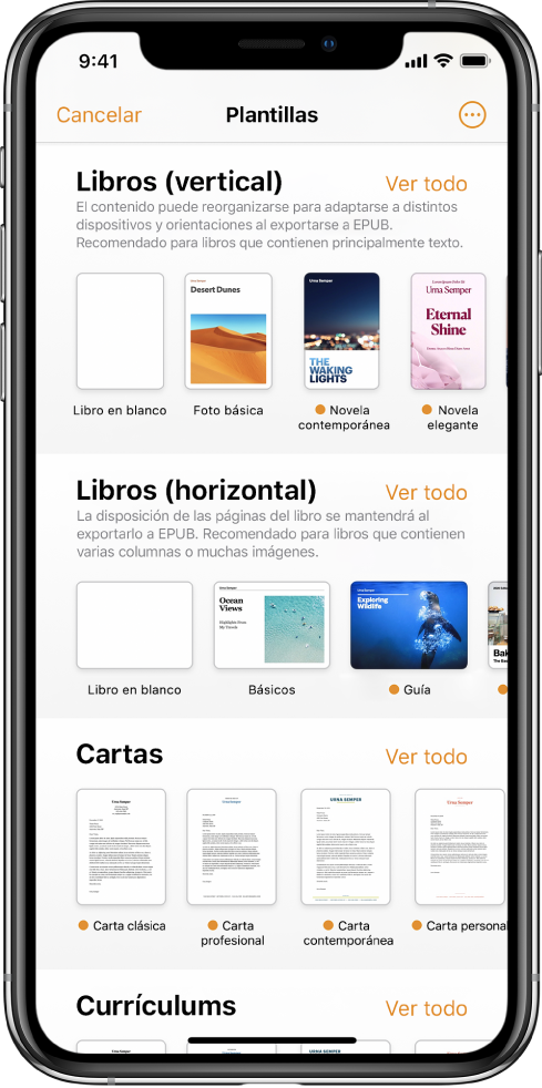 El selector de plantilla con plantillas de libro con orientación vertical en la parte superior y orientación horizontal abajo.