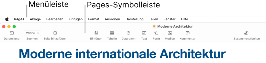 Die Menüleiste oben auf dem Bildschirm mit den Menüs „Apple“, „Pages“, „Ablage“, „Bearbeiten“ „Einfügen“, „Format“, „Anordnen“, „Darstellung“, „Teilen“, „Fenster“ und „Hilfe“. Unter der Menüleiste befindet sich ein geöffnetes Pages-Dokument, in dem sich oben die Symbolleiste mit den Tasten „Darstellung“, „Zoomen“, „Seite hinzufügen“, „Einfügen“, „Tabelle“, „Diagramm“, „Text“, „Form“, „Medien“ und „Kommentar“ befindet.