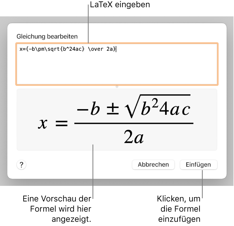 Die quadratische Formel, die mit LaTeX in das Feld „Gleichung“ geschrieben wurde, und einer Vorschau der Formel darunter.