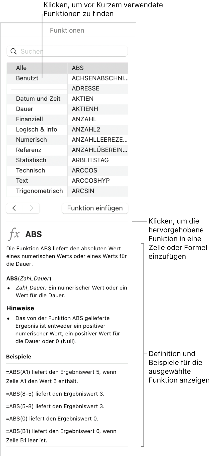 Die Funktionsübersicht mit Beschreibungen für die zuletzt verwendeten Funktionen, die Taste „Funktion einfügen“ und die Definition der Funktion