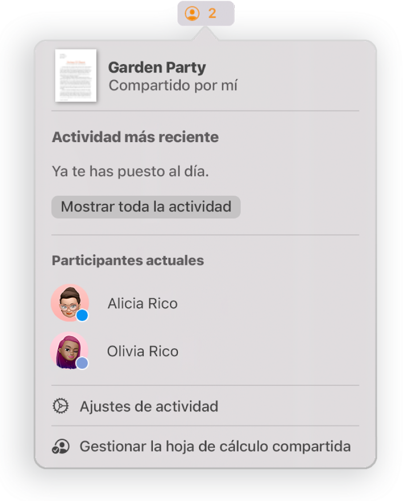 El menú Colaboración con los nombres de las personas que colaboran en el documento. Las opciones para compartir se encuentran debajo de los nombres.