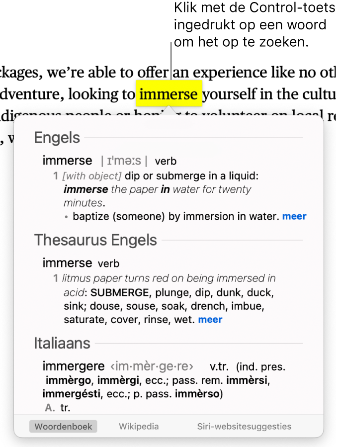 Een alinea met een gemarkeerd woord en een venster met daarin de definitie en een thesaurus-lemma van dat woord. Onder in het venster staan knoppen voor het woordenboek, Wikipedia en Siri-websitesuggesties.