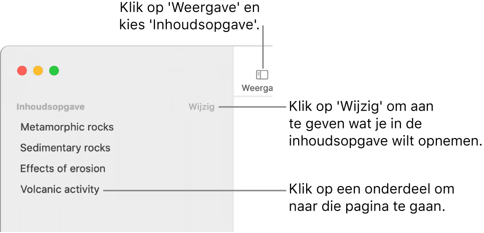 De inhoudsopgave aan de linkerkant van het Pages-venster met daarin een lijst met titels en rechtsboven in de navigatiekolom de knop 'Wijzig'.