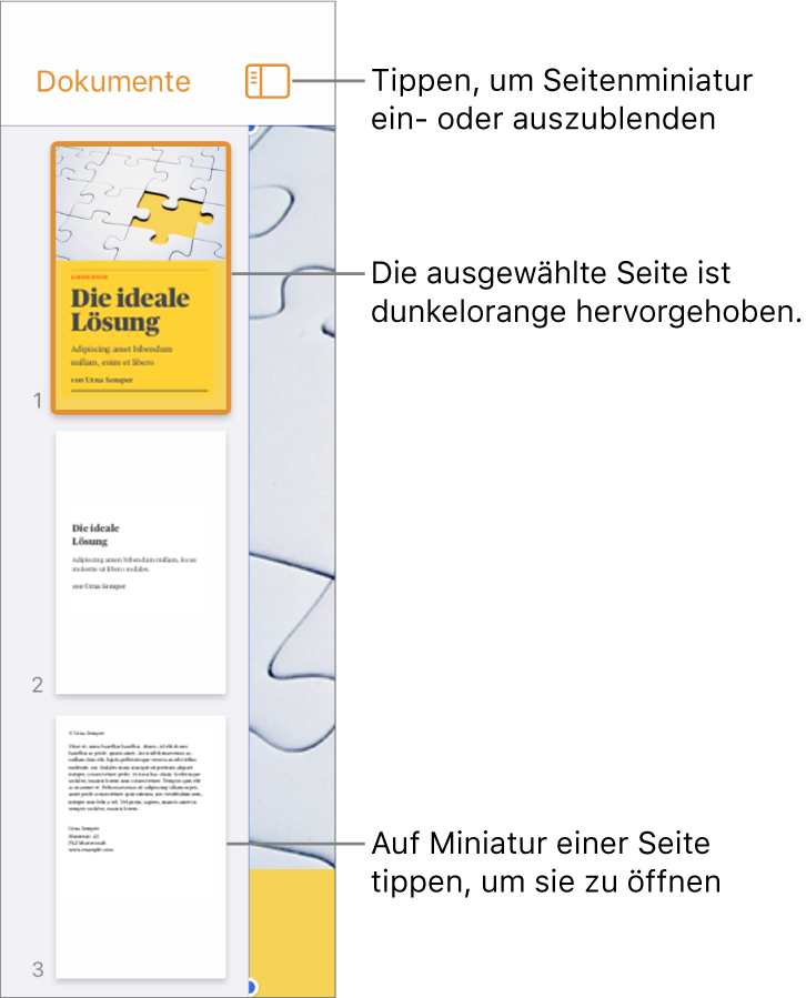 Darstellung mit den Seitenminiaturen links auf dem Bildschirm mit einem zweiseitigen Bereich, einer Trennlinie und einer Seite des nächsten Bereichs Die Taste „Darstellung“ über den Miniaturen.