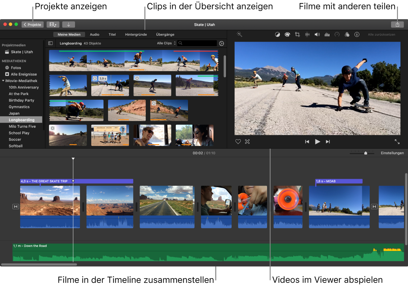 iMovie-Hauptfenster, das die Übersicht oben links, den Viewer unten rechts und die Timeline am unteren Bildschirmrand unten zeigt.