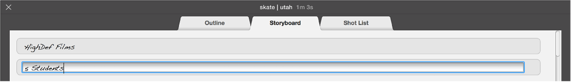 Text being entered in trailer Storyboard pane