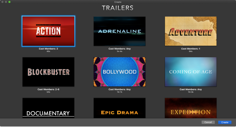 Create window showing thumbnails of trailer templates