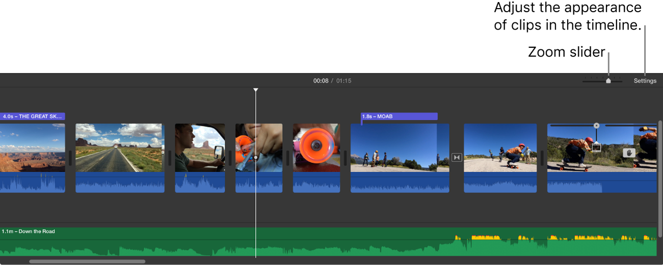 Timeline showing Zoom slider, Settings button, video clips with blue waveforms, and audio clips with green waveforms