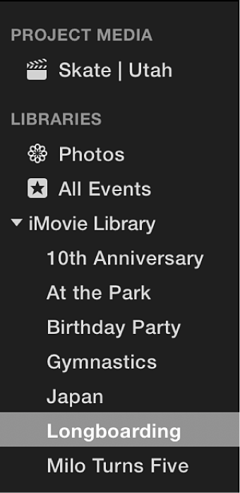 Event selected in Libraries list