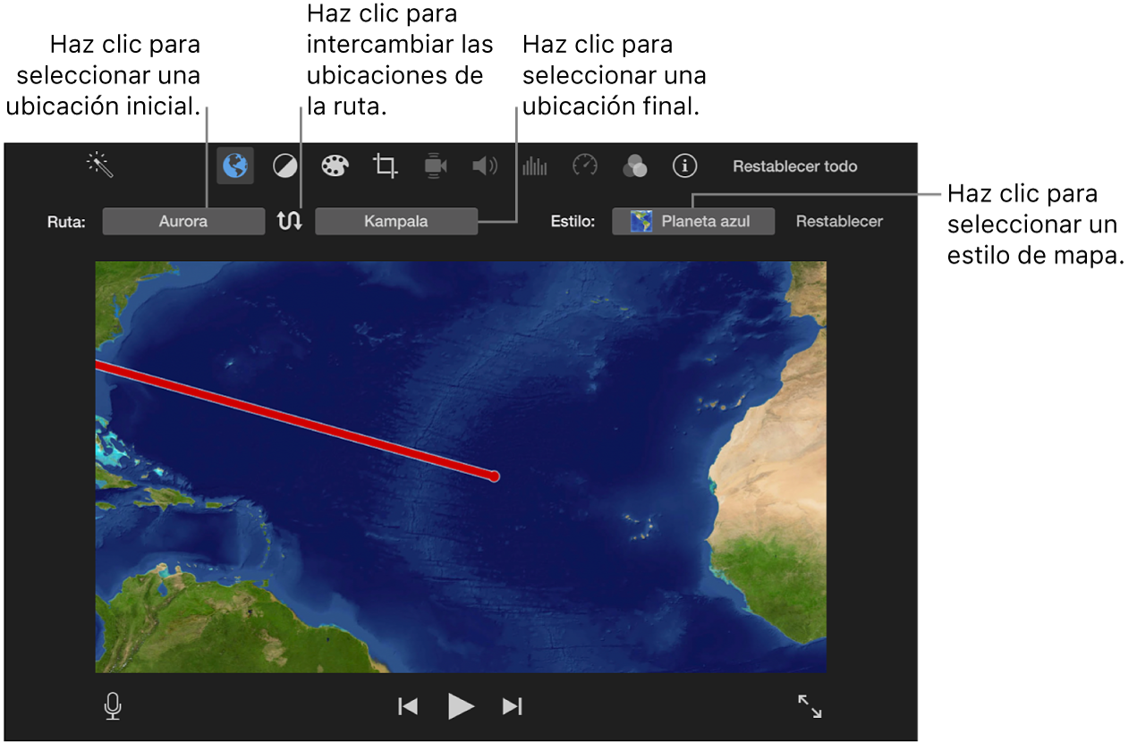 Controles del mapa de viaje animado encima del visor para ajustar la ubicación inicial y final, invertir la dirección de la ruta y seleccionar el estilo de mapa