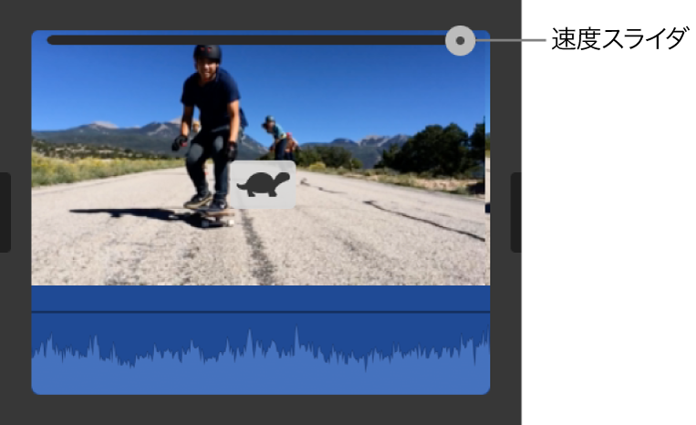 タイムラインのクリップ上に表示されたウサギのアイコンと速度スライダ
