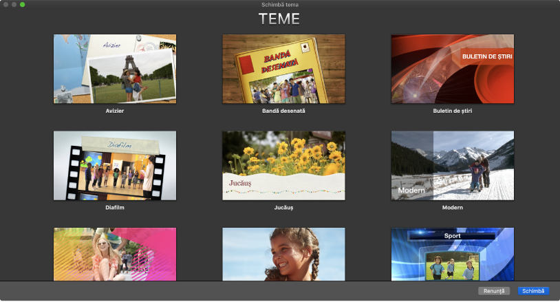 Fereastra Schimbă tema afișând miniaturi ale temelor de film