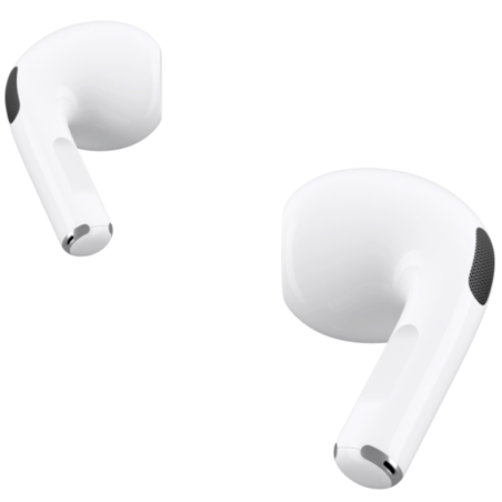 AirPods are shown. One of the AirPods is being pressed on both sides of its stem.